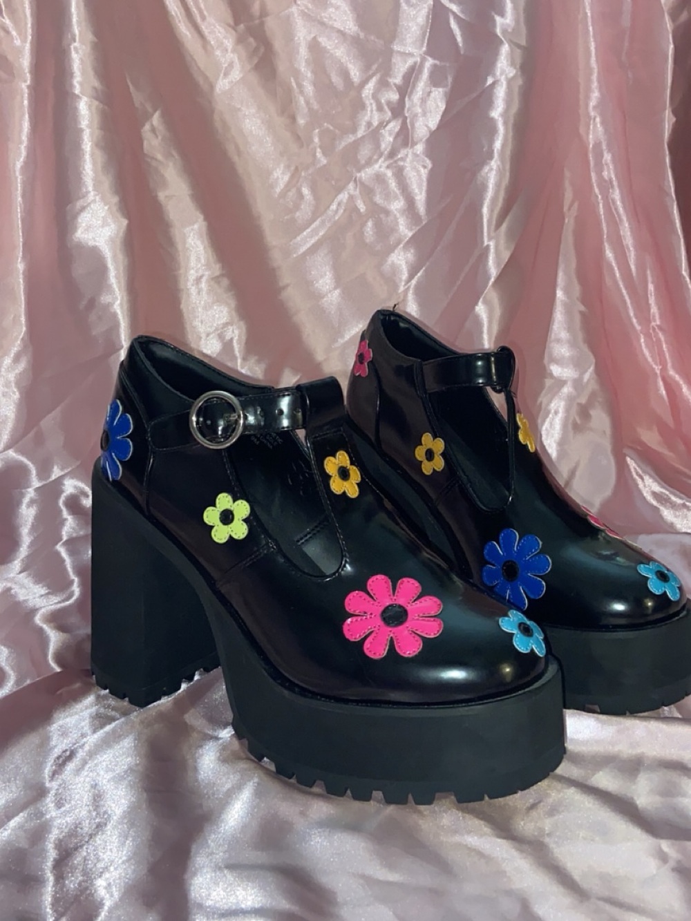 Black Platform Mary Jane Heels with Multicolor Floral Appliqués